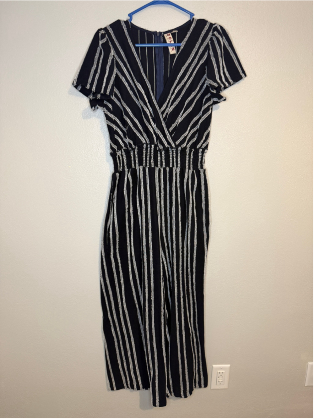 Dolan Left Coast Collection Navy White Striped Wide Leg Jumpsuit Small - Picture 2 of 6